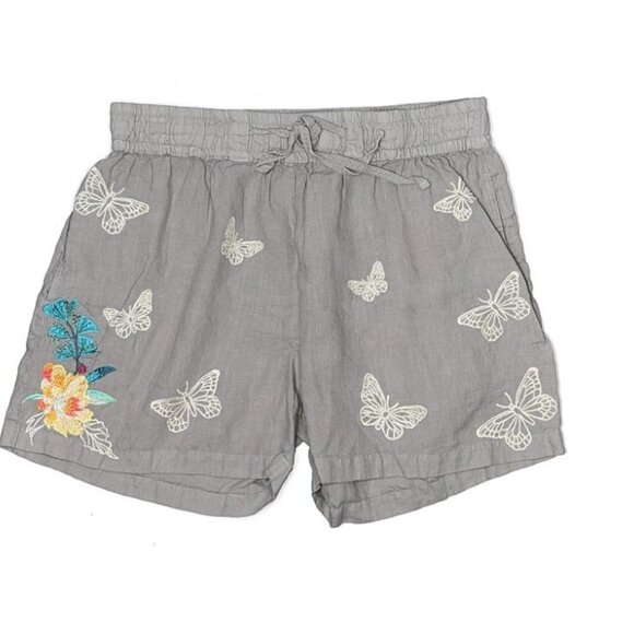 Johnny Was Pants - Johnny Was Embroidered Butterfly Linen Drawstring Shorts Gray W's Medium